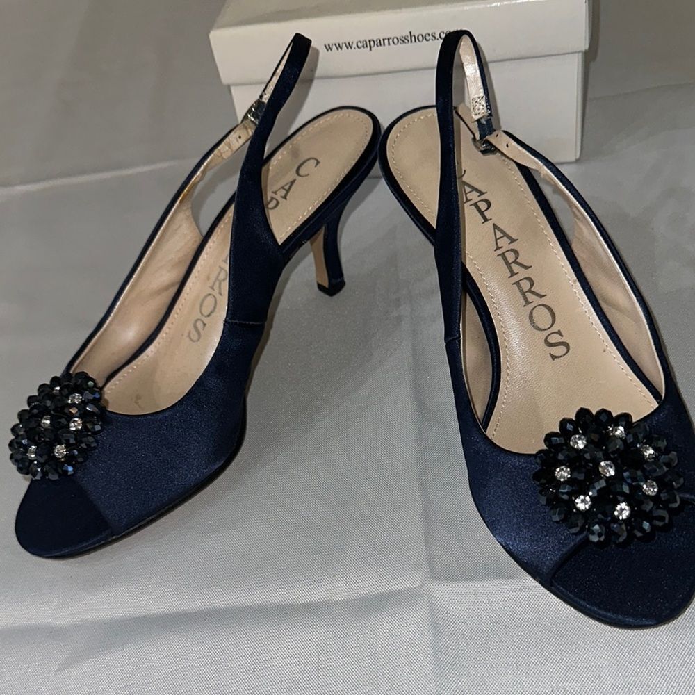 Caparros Jewel Tone Navy Blue Heels w/Elegant Embellishments Size 8